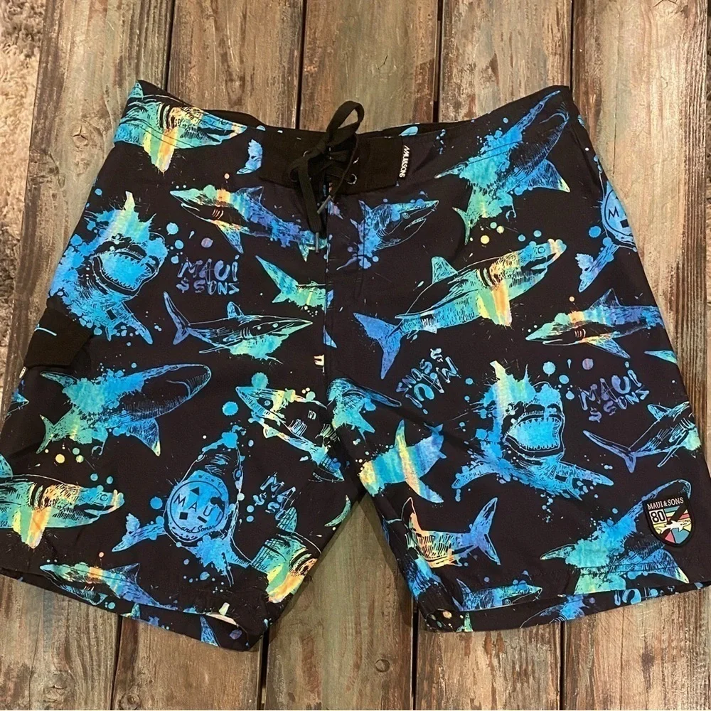 Maui & Sons Sz 36 Shark Boardshorts Mens Swim Surf Beach Black Colorful